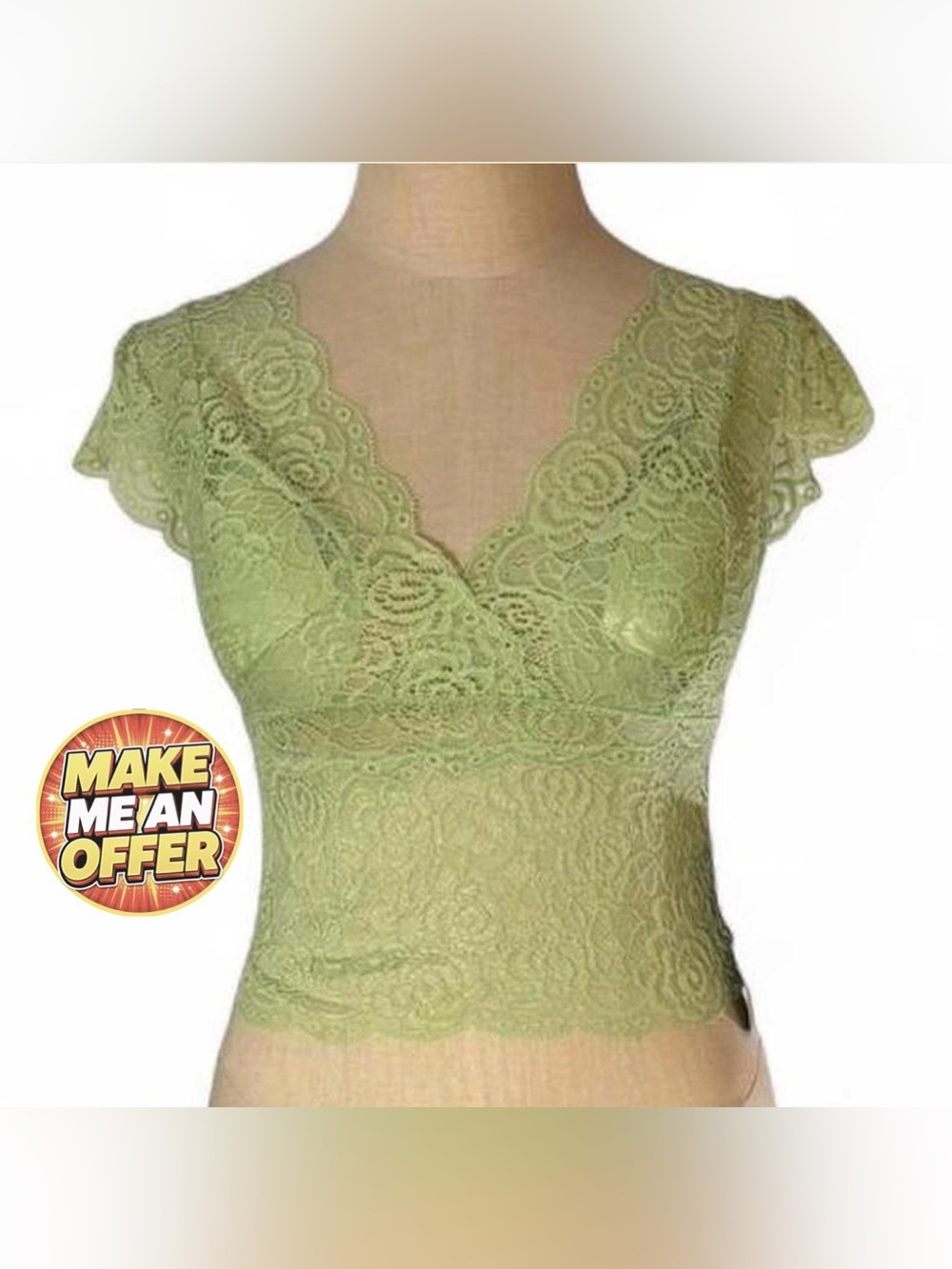 Brand New Lace V-Neck Cropped Top in Light Green - SZS